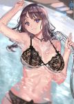  1girl bathtub breasts brown_hair collarbone commentary cowboy_shot jewelry large_breasts necklace open_mouth original panties ran&#039;ou_(tamago_no_kimi) shower_head showering solo underwear wet wet_bra wet_clothes wet_hair wet_panties 