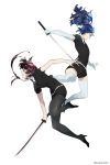  2others belt black_neckwear black_shorts blue_eyes blue_hair collared_shirt crystal_hair dalc_rose elbow_gloves gem_uniform_(houseki_no_kuni) gloves high_heels high_ponytail holding holding_weapon houseki_no_kuni kashuu_kiyomitsu low_ponytail mole mole_under_mouth multiple_others necktie open_mouth pantyhose puffy_short_sleeves puffy_sleeves redhead shirt short_shorts short_sleeves shorts simple_background sword thigh-highs touken_ranbu twitter_username weapon white_background white_gloves white_legwear yamato-no-kami_yasusada 