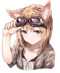  1girl animal_ears blonde_hair blue_eyes commentary_request expressionless goggles goggles_on_head hand_on_goggles highres looking_at_viewer original short_sleeves sukemyon 