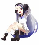  1girl :d ass blue_hair boots character_request grey_hair headphones highres jacket kemono_friends long_hair looking_at_viewer open_mouth shimomoto simple_background skirt sleeves_past_wrists smile socks solo tail very_long_hair violet_eyes white_background 