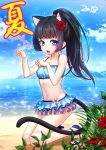  1girl 2018 absurdres animal_ears arms_up beach bikini bikini_skirt black_hair blue_bikini blue_eyes blue_swimsuit cat_ears cat_tail clouds commentary_request elin_(tera) flower hair_flower hair_ornament high_heels highres kneeling long_hair mugen618 navel ocean open_mouth outdoors paw_pose ponytail shoes sky smile solo swimsuit tail tera_online water 