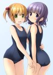  2girls ass blue_background blue_swimsuit bob_cut brown_hair cowboy_shot flat_chest green_eyes hair_bobbles hair_ornament highres looking_at_viewer multiple_girls old_school_swimsuit original purple_hair school_swimsuit shibacha simple_background smile standing swimsuit twintails violet_eyes wavy_hair 
