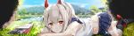  1girl ayanami_(azur_lane) azur_lane bandage bandaged_leg boots clouds cloudy_sky crossed_arms grass helmet highres horned_headwear lake long_hair looking_at_viewer lying midriff miniskirt navel on_stomach open_mouth pleated_skirt ponytail red_eyes sailor_collar schreibe_shura shirt silver_hair skirt sky solo sparkle tree 