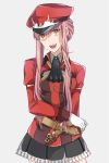  1girl :d alluring_chief_warden_look arms_behind_back bangs belt commentary_request cowboy_shot fate/grand_order fate_(series) gloves hat long_hair looking_at_viewer medb_(fate/grand_order) military military_uniform miniskirt open_mouth peaked_cap pink_hair pleated_skirt red_hat simple_background skirt smile solo suzuko_(star8383) uniform white_gloves yellow_eyes 