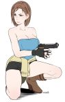  1girl boots breasts brown_hair butcha-u casual cleavage clothes_around_waist commentary_request fingerless_gloves flat_color gloves grey_eyes gun handgun highres jill_valentine large_breasts one_knee pencil_skirt pistol resident_evil resident_evil_3 short_hair skirt solo strapless sweater_around_waist weapon white_background 
