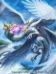  blue_sky breathing_fire clouds cloudy_sky commentary_request dragon fire floating_island flying glowing glowing_eyes highres light_rays monster multiple_wings no_humans official_art outdoors seisen_cerberus sky watermark wings z.dk 