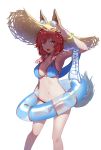 1girl animal_ears arm_up armpits bangs bikini bracelet breasts cleavage commentary_request ears_through_headwear eyebrows_visible_through_hair fang fate/grand_order fate_(series) feet_out_of_frame fox_ears fox_tail hair_ornament hat highres innertube jewelry large_breasts long_hair looking_at_viewer navel open_mouth oweee pink_hair simple_background solo standing straw_hat sun_hat swimsuit tail tamamo_(fate)_(all) tamamo_no_mae_(swimsuit_lancer)_(fate) white_background yellow_eyes 