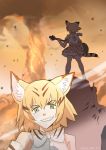  1girl animal_ears blonde_hair bow bowtie cat_ears cat_tail commentary_request dated elbow_gloves flcl gloves green_eyes grin guitar haruhara_haruko holding holding_instrument instrument kemono_friends korean_commentary parody print_neckwear print_skirt roonhee sand_cat_(kemono_friends) sand_cat_print short_hair skirt smile solo standing tail tornado 