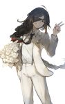  1girl alternate_costume bangs blonde_hair bouquet braid brown_eyes brown_hair collared_shirt dress_shirt eyepatch floating_hair flower formal girls_frontline hand_up head_tilt highres holding holding_bouquet jacket long_hair long_sleeves looking_at_viewer m16a1_(girls_frontline) mole mole_under_eye multicolored_hair necktie open_clothes open_jacket pants parted_lips scar scar_across_eye shirt shuzi simple_background single_braid smile solo streaked_hair suit w white_background white_flower white_jacket white_pants white_suit wind wind_lift 