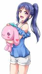  1girl :d blue_hair blue_shirt breasts cleavage commentary_request cowboy_shot eyebrows_visible_through_hair frills hair_ornament hairclip holding holding_stuffed_animal long_hair looking_at_viewer love_live! love_live!_sunshine!! matsuura_kanan nail_polish open_mouth pink_nails ponytail round_teeth shirt shorts sidelocks simple_background smile solo spaghetti_strap stuffed_animal stuffed_toy teeth upper_teeth violet_eyes white_background white_shorts yopparai_oni 