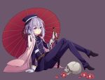  1boy camellia cape flower gloves hat high_heels honebami_toushirou hyou_(pixiv3677917) male_focus military military_uniform necktie oriental_umbrella parted_lips sheath sheathed sitting skull sword touken_ranbu umbrella uniform violet_eyes wakizashi weapon white_gloves white_hair 