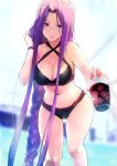  1girl bangs bare_shoulders bikini black_bikini blurry blurry_background bracelet braid breasts cleavage collarbone criss-cross_halter cup emiya-san_chi_no_kyou_no_gohan fate/hollow_ataraxia fate/stay_night fate_(series) halterneck hand_in_hair highres hips holding holding_cup jewelry large_breasts long_braid long_hair looking_at_viewer medusa_(fate)_(all) navel outstretched_arm parted_bangs purple_hair rider single_braid smile solo swimsuit taishi_(picchiridou) thighs very_long_hair violet_eyes waist wet 