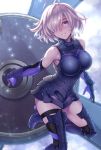  1girl arm_behind_back armor asymmetrical_legwear bare_shoulders black_armor black_legwear black_leotard elbow_gloves eyebrows_visible_through_hair fate/grand_order fate_(series) gloves hair_over_one_eye high_heels holding holding_shield leg_up leotard light_particles mash_kyrielight over-kneehighs parted_lips purple_gloves purple_hair ryou_(pix_gallerio) shield short_hair solo thigh-highs thigh_strap violet_eyes 