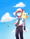  1boy :3 :d arm_up bangs baseball_cap black_gloves black_hair black_pants black_shirt blue_jacket blue_sky brown_eyes closed_mouth clouds collarbone commentary day fingerless_gloves gen_1_pokemon gloves hair_between_eyes hat high_collar highres jacket leaf looking_away mei_(maysroom) open_clothes open_jacket open_mouth outdoors pants pikachu pokemon_(classic_anime) pokemon_(creature) pokemon_on_shoulder red_hat satoshi_(pokemon) shirt short_sleeves signature sky smile standing white_hat white_jacket wind 