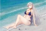  abs aurelia_le_guin bangs bare_shoulders beach bikini blush braid breasts choker cleavage collarbone earrings eiyuu_densetsu footprints groin jewelry large_breasts lavender_eyes long_hair navel partially_submerged sand sen_no_kiseki silver_hair swimsuit tusia 