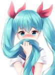  1girl bangs blue_eyes blue_hair blush bow eyebrows_visible_through_hair hair_between_eyes hair_bow hair_over_mouth hatsune_miku highres holding holding_hair long_hair mk82_(hoonsyh) neckerchief red_bow red_neckwear shirt short_sleeves solo twintails upper_body very_long_hair vocaloid white_shirt 