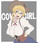  1girl background_text bangs black-framed_eyewear blonde_hair blue_skirt blunt_bangs braid breasts brown_hat collared_shirt commentary corset cowboy_hat english freckles glasses green_eyes grey_background hair_tie hands_on_hips hat head_tilt ina_(gokihoihoi) large_breasts leaning_forward long_hair looking_at_viewer neck_ribbon open_mouth original outside_border over-rim_eyewear red_neckwear ribbon semi-rimless_eyewear shirt skirt smile solo standing suspenders twin_braids twintails upper_body white_shirt 