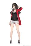  1girl absurdres arm_at_side arm_up bare_legs black_hair breasts cleavage hair_between_eyes highres jacket medium_breasts mogumo off_shoulder open_clothes open_jacket parted_lips profile red_eyes shoes short_shorts shorts sneakers solo tank_top tokoshie_bullet 