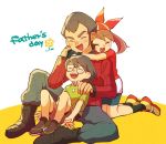  1girl 2boys bandanna brown_hair family father&#039;s_day father_and_daughter father_and_son flower glasses green_shirt haruka_(pokemon) hug hug_from_behind kneeling long_sleeves masato_(pokemon) multiple_boys pokemon pokemon_(anime) pokemon_ag senri_(pokemon) shirt short_sleeves shorts simple_background sitting soha_(yacht) white_background 
