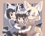  3girls :d animal_ears black_eyes black_hair blonde_hair blue_eyes borrowed_character closed_eyes commentary_request common_raccoon_(kemono_friends) extra_ears fang fennec_(kemono_friends) fox_ears fox_tail girl_sandwich grey_hair group_hug hug if_they_mated kemono_friends kolshica multicolored_hair multiple_girls open_mouth outline pleated_skirt puffy_short_sleeves puffy_sleeves raccoon_ears raccoon_tail sandwiched short_hair short_sleeves skirt smile tail white_hair white_outline 