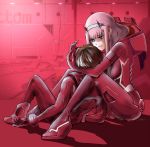  1boy 1girl albyee bangs black_hair bodysuit breasts commentary couple crying crying_with_eyes_open darling_in_the_franxx eyebrows_visible_through_hair gloves green_eyes hair_ornament hairband hetero hiro_(darling_in_the_franxx) horns long_hair looking_at_another medium_breasts oni_horns pilot_suit pink_hair red_bodysuit red_horns short_hair sitting sitting_on_person tears white_hairband zero_two_(darling_in_the_franxx) 