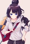  1girl bag black_hair blue_eyes casual chromatic_aberration closed_mouth collarbone commentary_request fate/grand_order fate_(series) hair_bun hair_ornament hand_on_hip highres hood hood_down katsushika_hokusai_(fate/grand_order) ko_yu looking_at_viewer octopus short_hair simple_background sketchbook smile solo 
