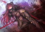  1girl arm_behind_back arm_behind_head aya_shobon bangs blurry blurry_background blush bodysuit breasts covered_navel dual_wielding elbow_gloves eyebrows_visible_through_hair fate/grand_order fate_(series) floating_hair flower gae_bolg gloves hair_between_eyes highres holding large_breasts lightning lightning_bolt long_hair looking_at_viewer navel one_leg_raised open_mouth panties pauldrons polearm purple_bodysuit purple_hair red_eyes ruby_(stone) scathach_(fate/grand_order) sidelocks signature skindentation smile solo spear underwear veil very_long_hair violet_eyes weapon 
