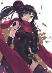  1girl black_hair black_leotard breasts detached_sleeves eyebrows_visible_through_hair fate/grand_order fate_(series) from_below hair_ornament highres kaerude123 katou_danzou_(fate/grand_order) leotard long_hair medium_breasts ponytail purple_legwear red_scarf scarf solo thigh-highs white_background yellow_eyes 
