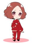  1girl blush brown_eyes brown_hair chibi commentary_request do_m_kaeru okumura_haru persona persona_5 red_track_suit short_hair smile solo track_suit twitter_username 