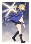  1girl ahoge arm_up artoria_pendragon_(all) bangs baseball_cap black_footwear black_hat black_shorts blonde_hair blue_eyes blue_jacket blue_scarf boots closed_mouth eyebrows_visible_through_hair fate/stay_night fate_(series) full_body hair_between_eyes hair_through_headwear hat highres holding holding_sword holding_weapon jacket jacket_on_shoulders left-handed leg_up long_sleeves looking_at_viewer medium_hair mysterious_heroine_x open_clothes open_jacket over_shoulder ponytail rojiura_satsuki:_chapter_heroine_sanctuary scarf shirt shorts sidelocks solo standing standing_on_one_leg sword track_jacket weapon weapon_over_shoulder white_shirt wristband yukarite 
