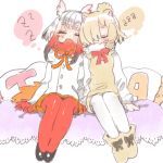  2girls alpaca_ears alpaca_suri_(kemono_friends) animal_ears bird_tail bird_wings black_hair blush closed_eyes frilled_sleeves frills fur_collar fur_trim gradient_hair hair_bun hair_over_one_eye hair_tie head_wings highres ichi001 japanese_crested_ibis_(kemono_friends) kemono_friends long_sleeves multicolored_hair multiple_girls neck_ribbon open_mouth pantyhose pillow pleated_skirt redhead ribbon short_hair shorts sidelocks sitting skirt sleeping sleeping_on_person vest white_hair wings zzz 