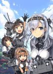 4girls ahoge akizuki_(kantai_collection) anchor_symbol arm_up bending_forward black_bodysuit black_gloves black_hair black_headband black_sailor_collar black_skirt blue_eyes blue_sky blurry blurry_background bodysuit braid brown_hair chou-10cm-hou-chan chou-10cm-hou-chan_(hatsuzuki&#039;s) chou-10cm-hou-chan_(suzutsuki&#039;s) chou-10cm-hou-chan_(teruzuki&#039;s) closed_eyes clothes_writing clouds cloudy_sky commentary_request ebizome eyebrows_visible_through_hair gloves grey_eyes grey_jacket hachimaki hair_flaps hair_ornament hatsuzuki_(kantai_collection) headband jacket kantai_collection light_brown_hair light_smile lips long_hair looking_at_viewer miniskirt multiple_girls neckerchief one_side_up open_mouth outstretched_hand pantyhose pleated_skirt ponytail propeller_hair_ornament sailor_collar short_hair silver_hair skirt sky suzutsuki_(kantai_collection) teruzuki_(kantai_collection) twin_braids upper_body white_bodysuit white_gloves white_neckwear 