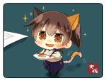  1girl animal_ears artist_name blue_hakama blush brown_eyes brown_hair cat_ears cat_tail chibi commentary_request eyebrows_visible_through_hair from_above hakama hakama_skirt japanese_clothes kaga_(kantai_collection) kantai_collection kemonomimi_mode looking_at_viewer minigirl motion_lines open_mouth plate shadow side_ponytail smile solo sparkle sparkling_eyes tail taisa_(kari) 