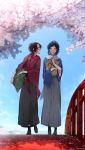  2boys blue_eyes blue_hair bridge brown_hair cherry_blossoms dalc_rose dango eating food japanese_clothes kashuu_kiyomitsu kimono male_focus multiple_boys outdoors ponytail scarf sky touken_ranbu twitter_username wagashi walking yamato-no-kami_yasusada 