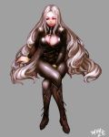  1girl blush bodysuit breasts cleavage cleavage_cutout dungeon_and_fighter highres kibellin large_breasts legs_crossed long_hair looking_at_viewer smile solo white_hair 