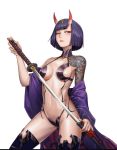  1girl ahoge bangs blue_footwear blunt_bangs boots breasts cleavage cowboy_shot facial_mark fate/grand_order fate_(series) groin holding holding_sheath holding_sword holding_weapon joe_(j_studio) looking_at_viewer medium_breasts navel parted_lips purple_hair sheath short_hair shuten_douji_(fate/grand_order) sideboob simple_background solo standing sword thigh-highs thigh_boots unsheathing violet_eyes weapon white_background 