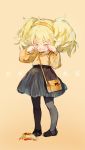  1girl alternate_costume bag bangs black_footwear blonde_hair blouse blush crying eyebrows_visible_through_hair food girls_frontline grey_legwear hair_between_eyes hairband highres loafers long_hair messy_hair open_mouth orange_blouse orange_hairband pantyhose rubbing_eyes s.a.t.8_(girls_frontline) sepia shoes shoulder_bag shuzi sidelocks simple_background skirt solo striped striped_skirt tears twintails younger 