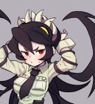  1girl black_hair commentary_request filia_(skullgirls) gazacy_(dai) grey_background hand_behind_head highres living_hair necktie pocket pout red_eyes samson_(skullgirls) sharp_teeth skullgirls sweat teeth 