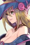  1girl bare_shoulders blonde_hair breasts choker cleavage collarbone dark_magician_girl duel_monster from_side green_eyes hair_between_eyes hankuri hat hexagram large_breasts long_hair looking_to_the_side off_shoulder parted_lips simple_background smile solo upper_body white_background wizard_hat yu-gi-oh! yuu-gi-ou_duel_monsters 