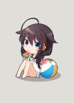  1girl ahoge ball beachball black_hair blue_eyes blue_swimsuit blush_stickers braid chibi food grey_background hair_flaps hair_over_shoulder jacket kantai_collection name_tag open_clothes open_jacket open_mouth popsicle remodel_(kantai_collection) school_swimsuit shigure_(kantai_collection) shirasawa_kazane simple_background single_braid sitting solo swimsuit watermelon_bar white_jacket 