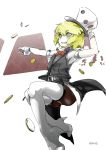  1other androgynous blonde_hair bow bowtie dice_hair_ornament hair_ornament hat len&#039;en necktie puffy_short_sleeves puffy_sleeves short_hair short_sleeves skirt smile solo thigh-highs vest white_legwear xeno_a yellow_eyes 
