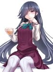  alcohol bangs black_hair blush breasts closed_mouth collar dress glass hair_over_one_eye hand_on_own_chin hayashimo_(kantai_collection) heart kantai_collection long_hair long_sleeves medium_breasts pantyhose pleated_dress purple_dress shirt simple_background sitting smile swept_bangs utopia very_long_hair violet_eyes white_background white_legwear white_shirt 