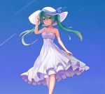  1girl bare_arms blue_background character_name dress floating_hair green_eyes green_hair hair_between_eyes hat hatsune_miku long_hair looking_at_viewer smile solo strapless strapless_dress sun_hat twintails vocaloid 