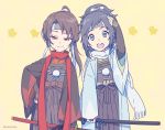  2boys blue_eyes blue_hair brown_hair dalc_rose earrings holding holding_weapon japanese_clothes jewelry kashuu_kiyomitsu male_focus mole mole_under_eye mole_under_mouth multiple_boys ponytail red_eyes scarf touken_ranbu uchigatana weapon yamato-no-kami_yasusada 