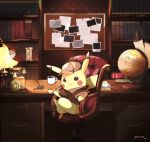  book bookshelf brown_hat brown_jacket chair clock closed_mouth coffee coffee_mug cup deerstalker desk detective_pikachu drawer fountain_pen full_body gen_1_pokemon globe great_detective_pikachu:_the_birth_of_a_new_duo hat holding holding_pipe hourglass indoors jacket lamp legs_crossed long_sleeves looking_at_viewer magnifying_glass mei_(maysroom) mug no_humans pen pen_holder phone pikachu pipe pokemon_(creature) roman_numerals sitting smirk solo twitter_username v-shaped_eyes 