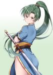  1girl fire_emblem fire_emblem:_rekka_no_ken green_eyes green_hair jiino long_hair looking_at_viewer lyndis_(fire_emblem) ponytail smile solo sword weapon 