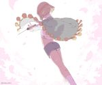  1boy brown_hair cape cherry_blossoms dalc_rose maeda_toushirou male_focus shirt short_hair shorts simple_background solo sword tantou torn_clothes touken_ranbu twitter_username weapon 