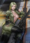  1girl audia_pahlevi belt black_footwear blonde_hair breasts choker cleavage commentary fingerless_gloves fingernails floor gloves gun hand_on_hip hand_on_own_cheek highres jacket large_breasts long_hair lying metal_gear_(series) metal_gear_solid on_side open_clothes open_jacket rifle sleeves_rolled_up sniper_rifle sniper_wolf solo weapon yellow_eyes 