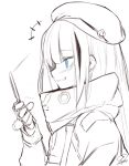  /\/\/\ 1girl bangs beret blue_eyes cellphone eyebrows_visible_through_hair flip_phone girls_frontline gloves greyscale grin hat long_hair long_sleeves mdr_(girls_frontline) monochrome multicolored_hair phone sidelocks signature simple_background sketch smile solo spot_color streaked_hair tosyeo 