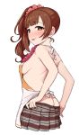  1girl :p apron ass bare_arms bare_back bare_shoulders blush breasts brown_eyes brown_hair brown_skirt butt_crack eyebrows_visible_through_hair from_behind hair_ornament hair_scrunchie heart heart-shaped_pupils idolmaster idolmaster_cinderella_girls igarashi_kyouko looking_at_viewer looking_back naked_apron no_panties omaru_gyuunyuu orange_apron pleated_skirt red_scrunchie scrunchie side_ponytail sideboob simple_background skirt solo symbol-shaped_pupils tongue tongue_out undressing white_apron white_background 